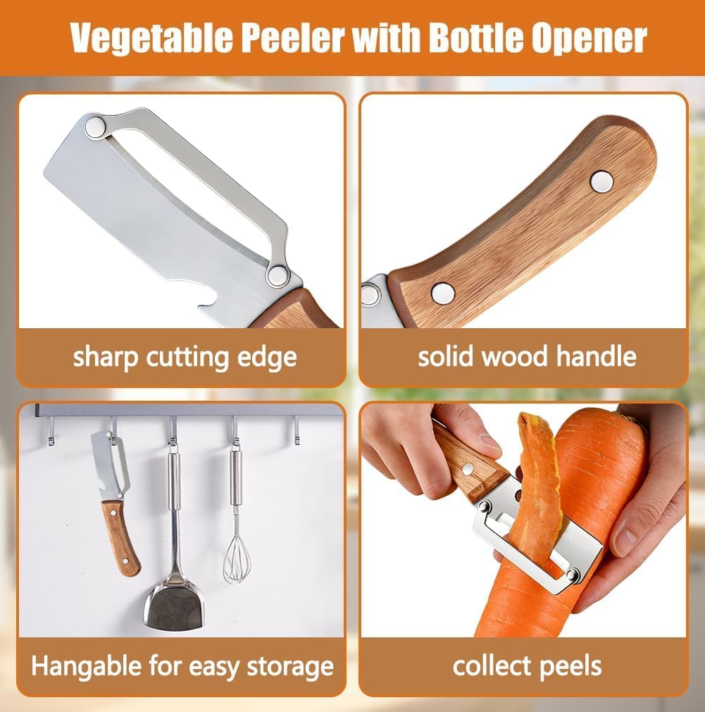 Premium Vegetable Peeler with Wooden Handle and Bottle Opener: 2-in-1 Stainless Steel Kitchen Tool