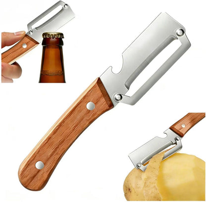 Premium Vegetable Peeler with Wooden Handle and Bottle Opener: 2-in-1 Stainless Steel Kitchen Tool