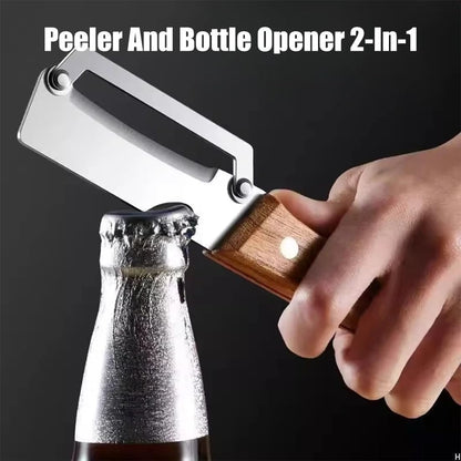 Premium Vegetable Peeler with Wooden Handle and Bottle Opener: 2-in-1 Stainless Steel Kitchen Tool