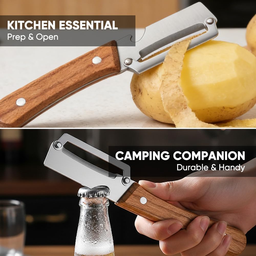 Premium Vegetable Peeler with Wooden Handle and Bottle Opener: 2-in-1 Stainless Steel Kitchen Tool