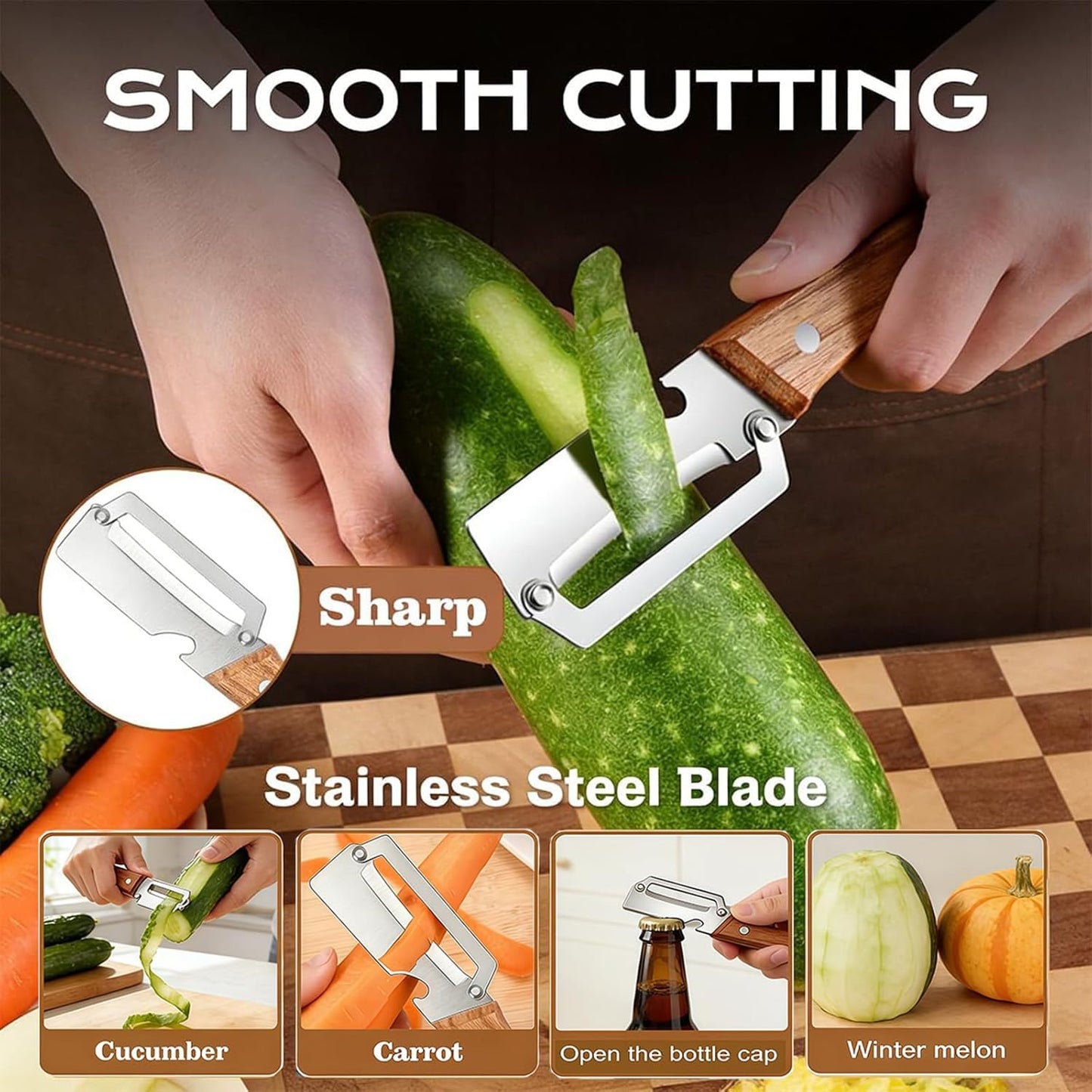 Premium Vegetable Peeler with Wooden Handle and Bottle Opener: 2-in-1 Stainless Steel Kitchen Tool