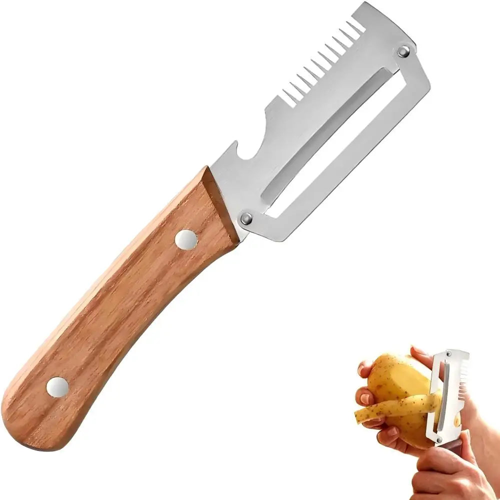 iLMH New Paring Knife Ergonomic Wood Handle Knife Stainless Steel Vegetable Peeler with Wooden Handle 2-in-1 Fruit Potato Peeler