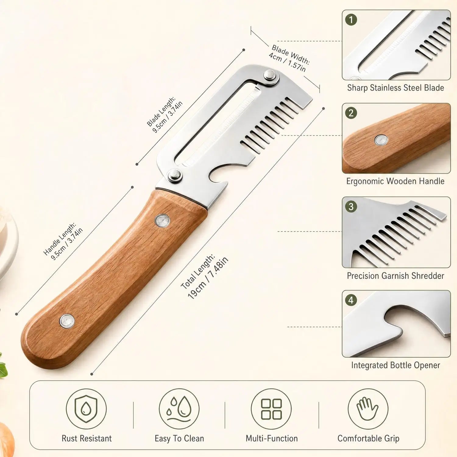 iLMH New Paring Knife Ergonomic Wood Handle Knife Stainless Steel Vegetable Peeler with Wooden Handle 2-in-1 Fruit Potato Peeler